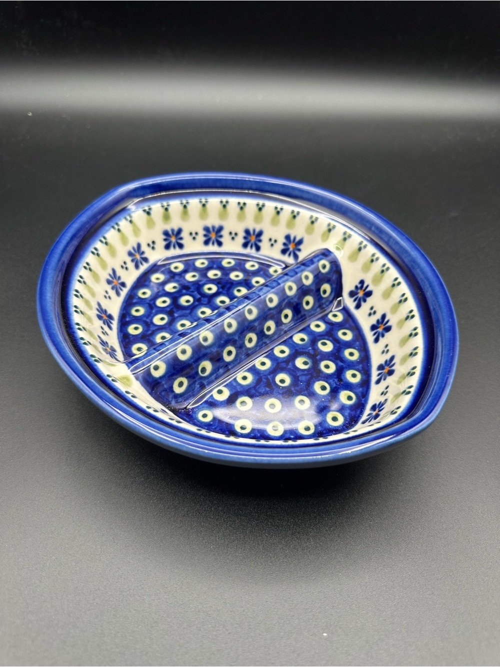 Boleslawiec Polish Pottery Divided Dish–Peacock Pattern, Handmade in Poland, EUC
